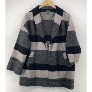ROOTS CANADA Cardigan Womens M Boiled Wool Blend Striped Open Front Gray Black